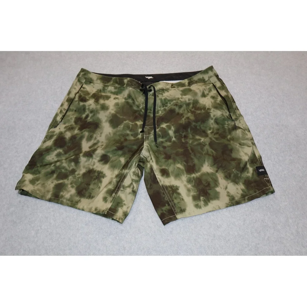 Vans Board Shorts Mens 38 Green Tie Dye Camo Zipper Pockets Surf Swim 9